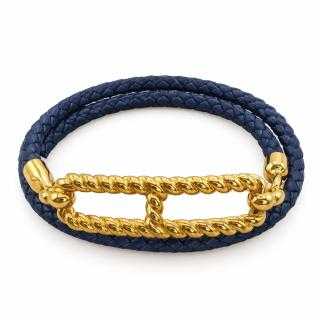 Bracelet Hermès Roulis Godronné Double Tour Cuir Bleu