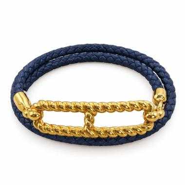 Bracelet Hermès Roulis Godronné Double Tour Cuir Bleu