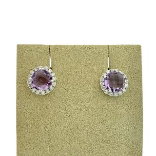 Boucles D'Oreilles Or Blanc 18ct & Amethyste et 32 Diamants 0.26ct