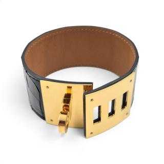 HERMES BRACELET CUIR KELLY DOGALLIGATOR LISSE T3 89 NOIR...