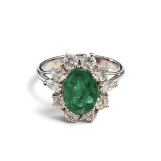 Bague Maguerite Or blanc 18ct, Diamants et Emeraude
