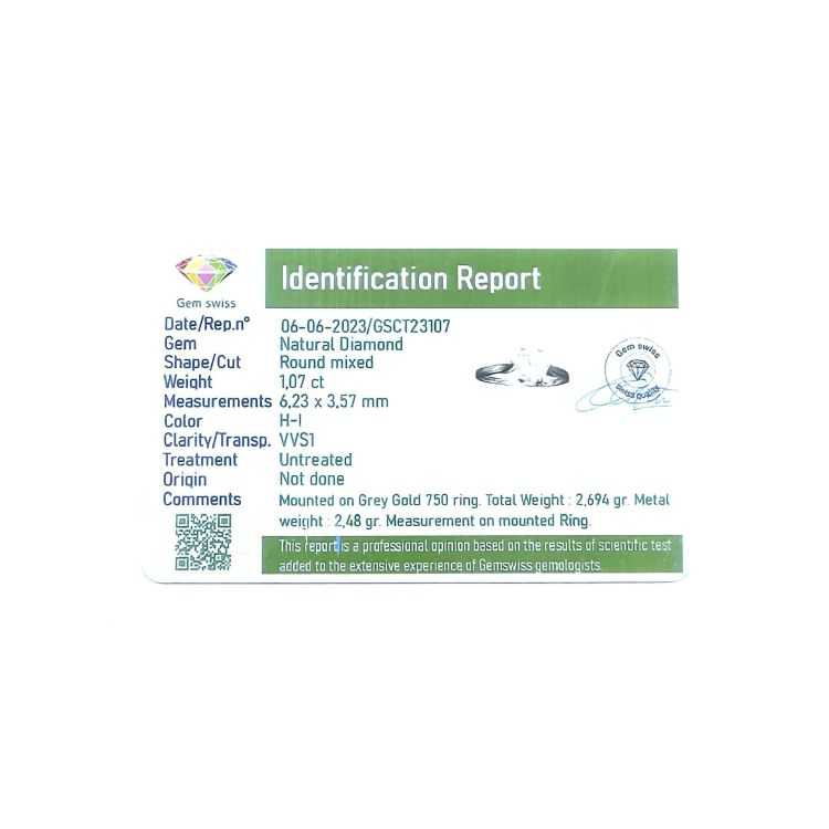 Solitaire Or Gris 18k Diamant 1.07 Ct