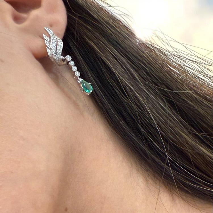 Boucles D'Oreilles Or 18Ct Diamants & Emeraude
