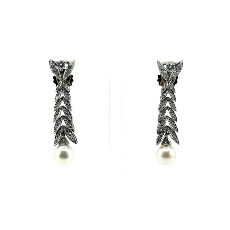 Boucles d’Oreilles Or Blanc 18k, Perles & Diamants