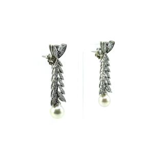 Boucles d’Oreilles Or Blanc 18k, Perles & Diamants