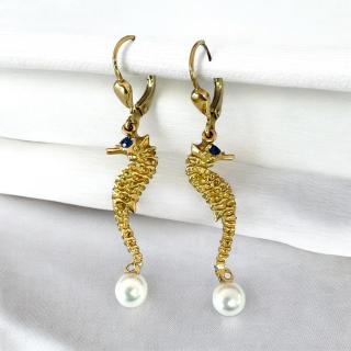 Boucles D'Oreilles Hippocampes Or 18Ct Saphirs & Perles
