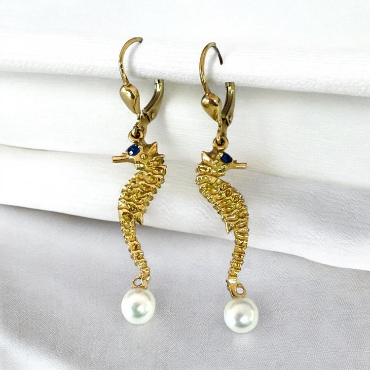 Boucles D'Oreilles Hippocampes Or 18Ct Saphirs & Perles