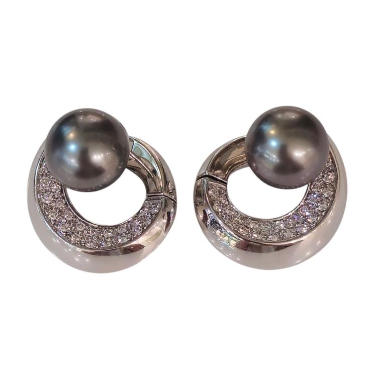 Boucles d'Oreilles Damiani Or blanc 18 Ct Perle Grise et Diamants