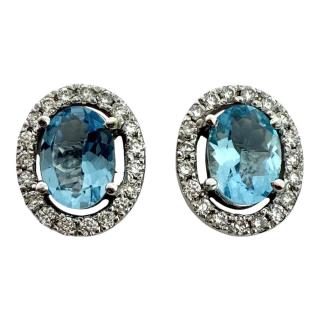 Boucles D'Oreilles Or 18Ct Diamants & Aigue Marine
