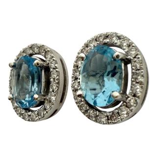 Boucles D'Oreilles Or 18Ct Diamants & Aigue Marine