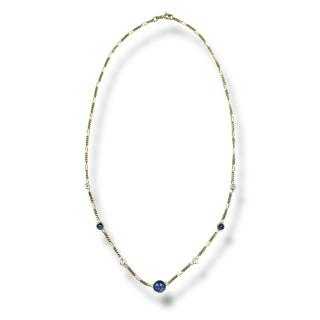Collier or jaune 18ct avec diamants et pierre bleu