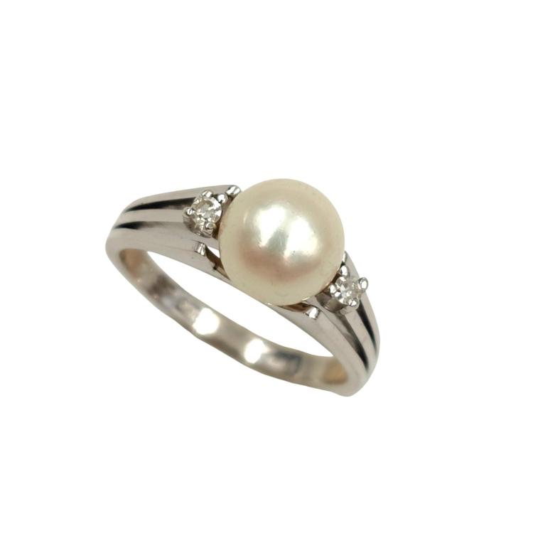 Bague Or Blanc 18 Ct Diamants&Perle
