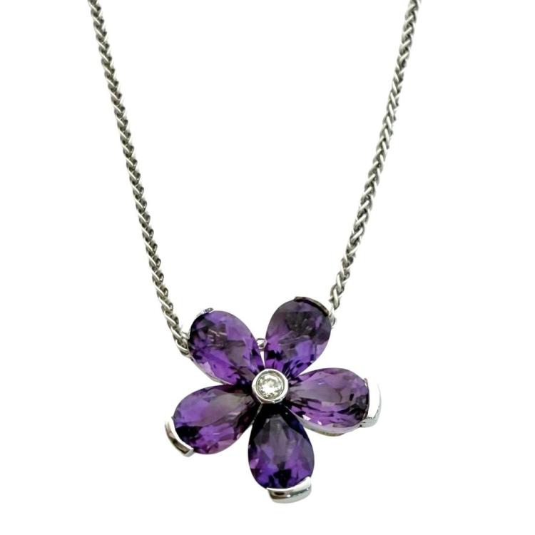 Collier Lionel Meylan Or 18Ct Fleur Amethyste & Brillant