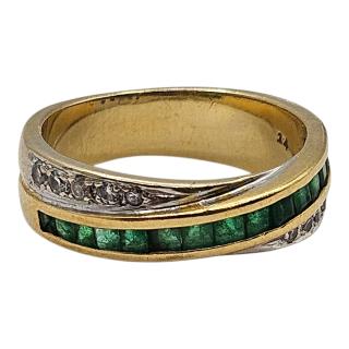 BAGUE OR JAUNE 18 CT DIAMANTS ET ÉMERAUDES
