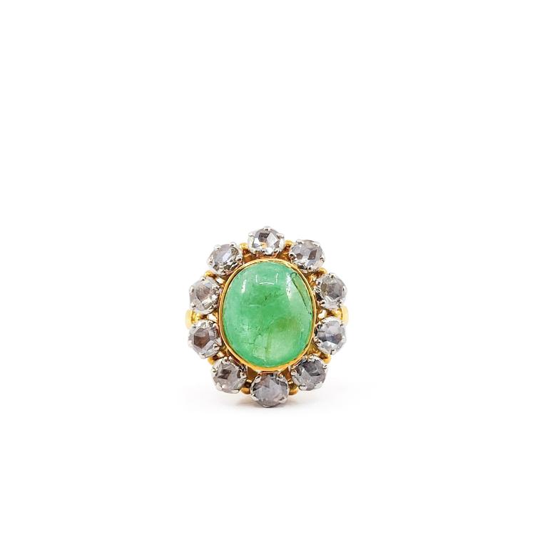 Bague Or Jaune 18k Vintage Emeraud Diamants