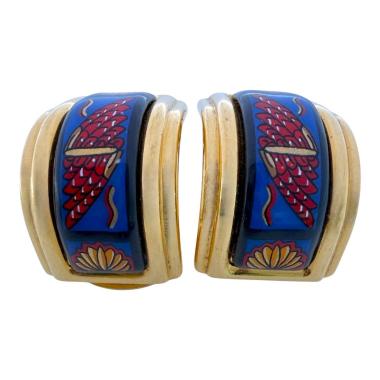 Boucles D'Oreilles Hermes Blue Enamelled Vintage à Clip