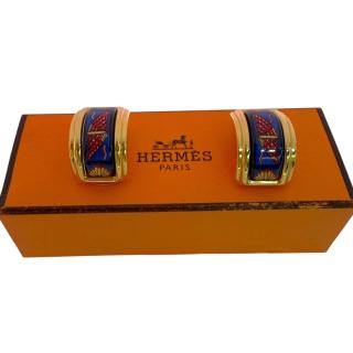 Boucles D'Oreilles Hermes Blue Enamelled Vintage à Clip