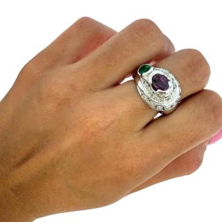 Bague Or Blanc 18ct Diamants & Emeraudes