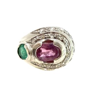 Bague Or Blanc 18ct Diamants & Emeraudes