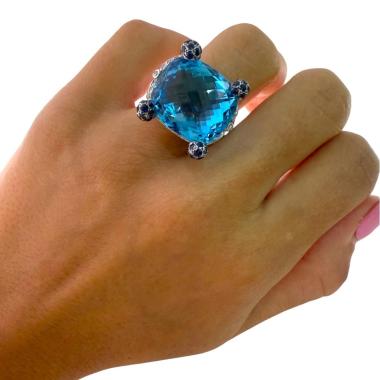 Bague Or Blanc 18ct & Topaze Diamants & Saphirs