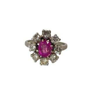 Bague Or Blanc, Saphir Rose et Diamants Vintage